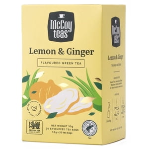 McCoy Teas Lemon & Ginger Green Tea Premium Ceylon Tea from Sri Lanka, 20 Individually Wrapped Tea Bags