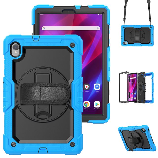 Case for Lenovo Tab K10 10.3 Inch / M10 FHD Plus 2020 2nd Gen with Screen Protector, 360 Degree Rotating Kickstand Hand Strap Heavy Duty Shockproof Cover with Shoulder Strap, Sky Blue