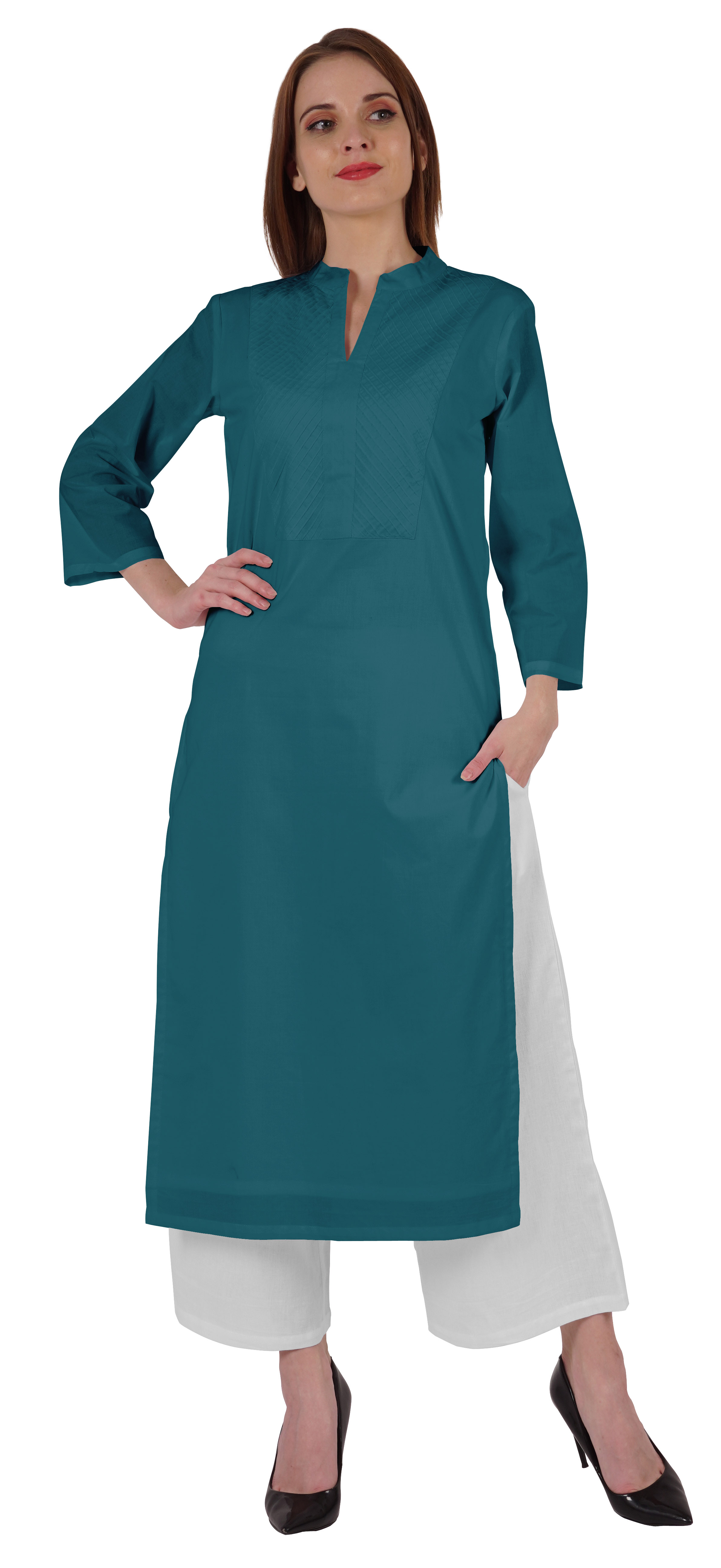 Bimba Kurta Droite Unie Ethnique Indienne pour Femmes à Col Mandarin avec Encolure Plissée en Coton