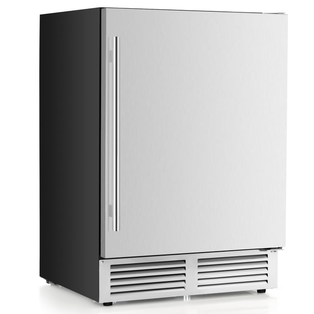 Costway 24" Beverage Refrigerator with removable shelves and adjustable temperature cooler. Designed in silver and black with a stainless steel handle and bottom ventilation. Holds up to 190 standard cans, features a reversible door for flexible installation, and is suitable for freestanding or under-counter use. Ideal for kitchens, home bars, or offices.