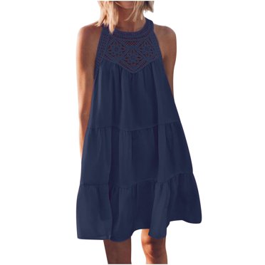 Penkiiy Women's Summer Hollow Out Halter Dresses Casual Sleeveless A-Line Tiered Swing Sundress Beach Vacation Mini Dress L Navy