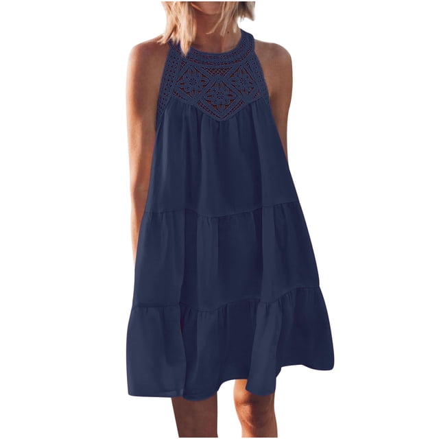Penkiiy Robe d'Été Sans Manches pour Femmes, Dos Nu, Décontractée, Ligne A, à Volants, Robe de Plage, Vacances, Mini Robe, Bleu Marine