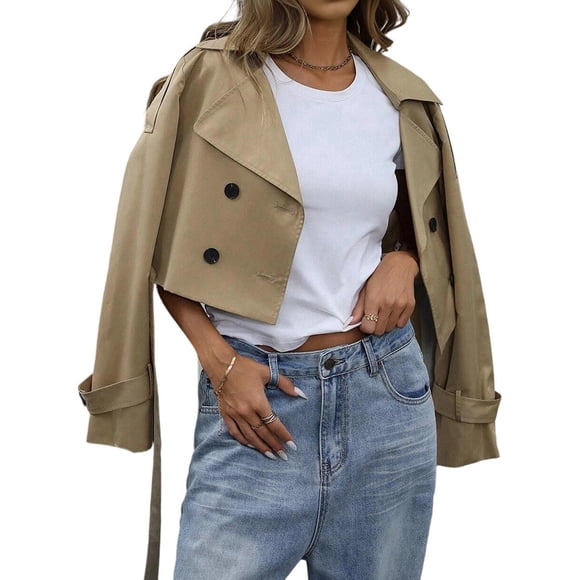 Womens Cropped Trench Coat Lapel Double Breasted Short Jacket Outwear Khaki XL