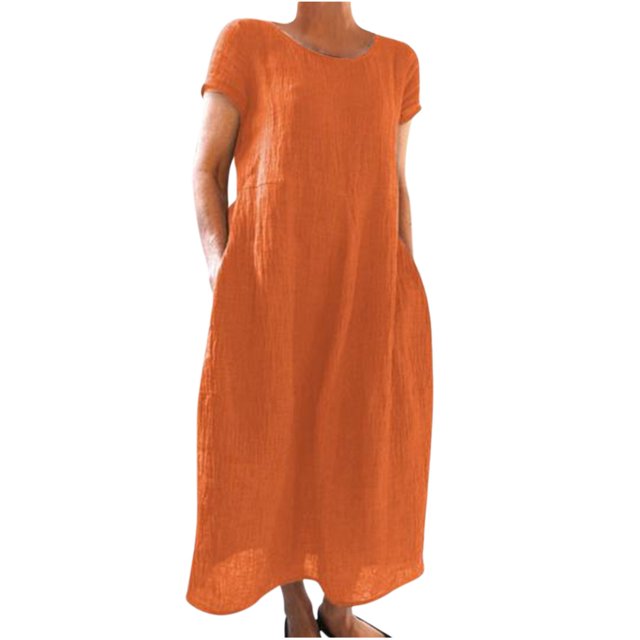 Robes d'Été pour Femmes 2023 Robes pour Femmes Liquidation Mode Femmes Été Uni Décontracté Col Rond Manches Courtes Vacances Poches Robe