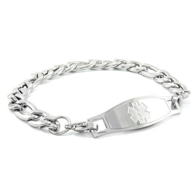 MedicEngraved Bracelet à Maillons Figaro 9 mm en Acier Inoxydable 316L pour Chirurgie avec Étiquette Médicale Embossée - Gravure Médicale Incluse