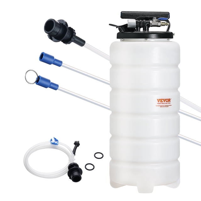 VEVOR Fluid Extractor, 4 Gallons (15 Liters), featuring a durable white HDPE tank with a black pneumatic connection and multiple extension tubes. Includes a dipstick, suction hose, and sealing rings for extracting automotive fluids such as engine oil, gear oil, and brake fluid. Operates manually or pneumatically, ideal for cars, motorcycles, and other vehicles.