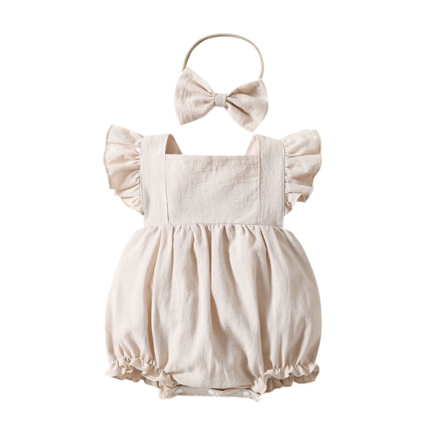 TBWNWG Romper Dress,Girls Fly Sleeve Solid Backless Romper Bodysuits Headbands Set for 6-12 Months