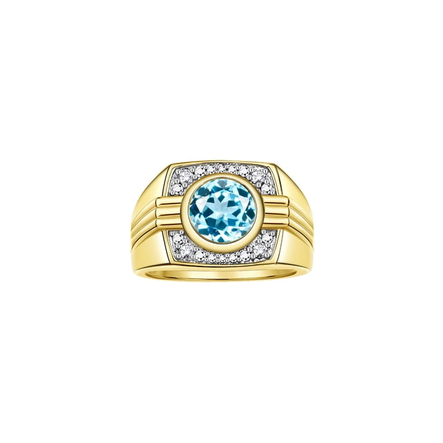 RYLOS Mens Rings 14K Yellow Gold Designer Round Gemstone & Sparkling Diamond Ring Blue Topaz December Birthstone Rings For Men, Men's Rings, Gold Rings Sizes 8 - 13