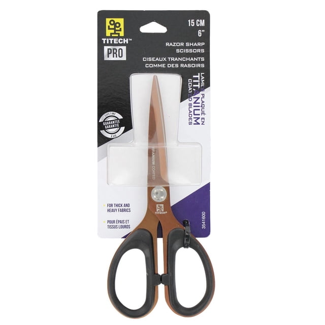 TITECH Pro 6" sewing scissors with titanium-coated high carbon stainless steel blades and black ergonomic handles, designed for cutting thick and heavy fabrics, displayed in retail packaging with product specifications.
