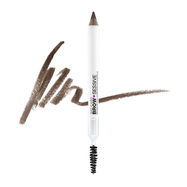 Brow-Sessive Brow Pencil by wet n wild with a sharpened brown tip and black spoolie brush on the opposite end, shown vertically on a white background with brown pencil strokes illustrating its natural shade and soft pigmentation for precise brow filling, shaping, and grooming.