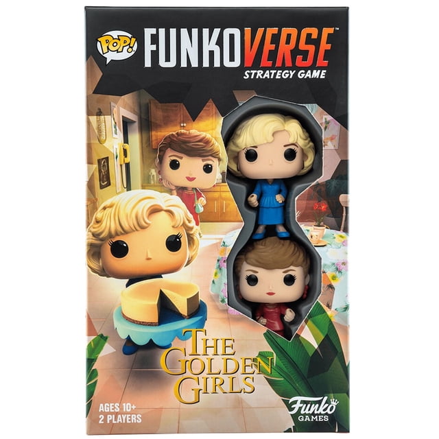 Funkoverse Strategy Game Golden Girls Expandalone board game box featuring two Funko Pop figures of Golden Girls characters in a kitchen and dining room scene with a cheesecake on a table, designed for ages 10 and up and two players, offering light strategy gameplay.