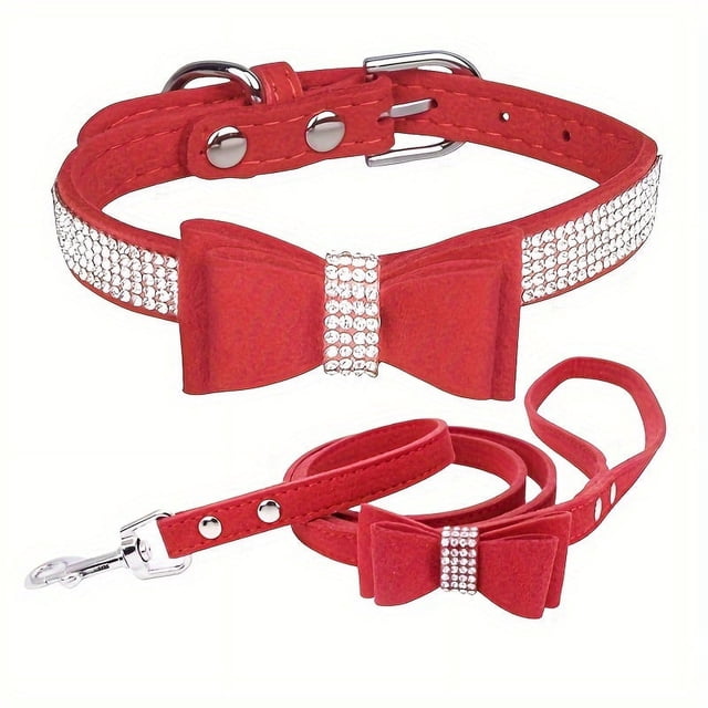 CNKOO 2pcs Sparkling Rhinestone Dog Collar & Leash Set for Small & Medium Dogs Cute Bow Tie Collar with Escape-Proof Rope