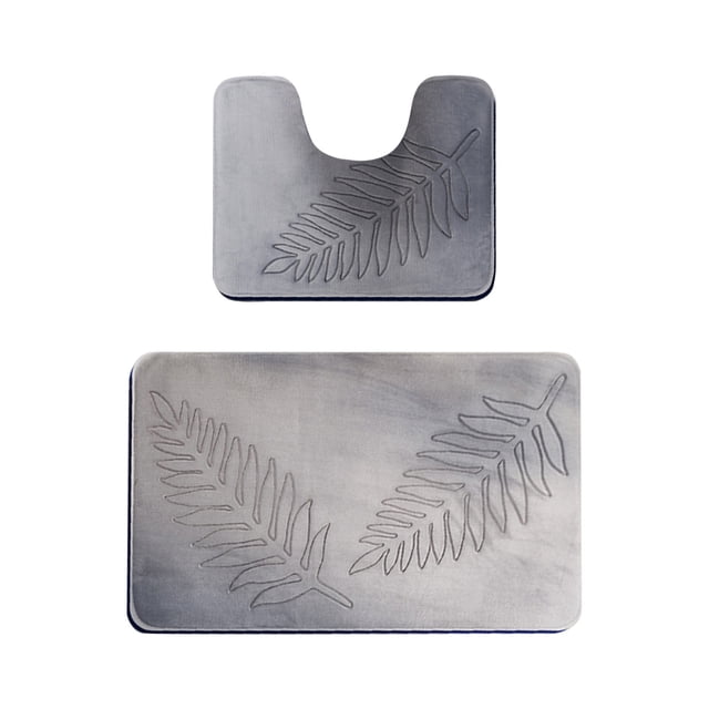 yulier Leaf Bathroom Rug Set 2 Piece, Soft Absorbent Bath Rug and U-Shaped Contour Toilet Rug, Non-Slip Bath Carpet, Washable Toilet Bath Mat, Gray