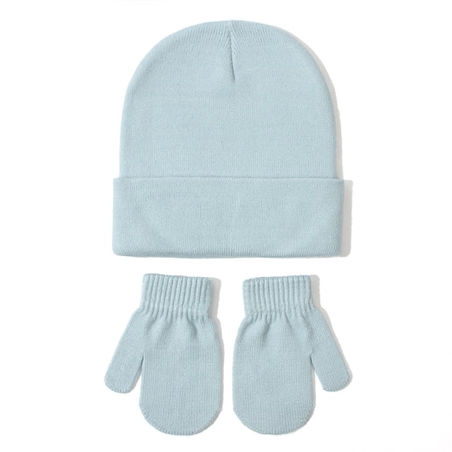 FAOWME Baby Knitted Hat And Glove Set Versatile Solid Color Fall Children Wool Pullover Hat Blue S