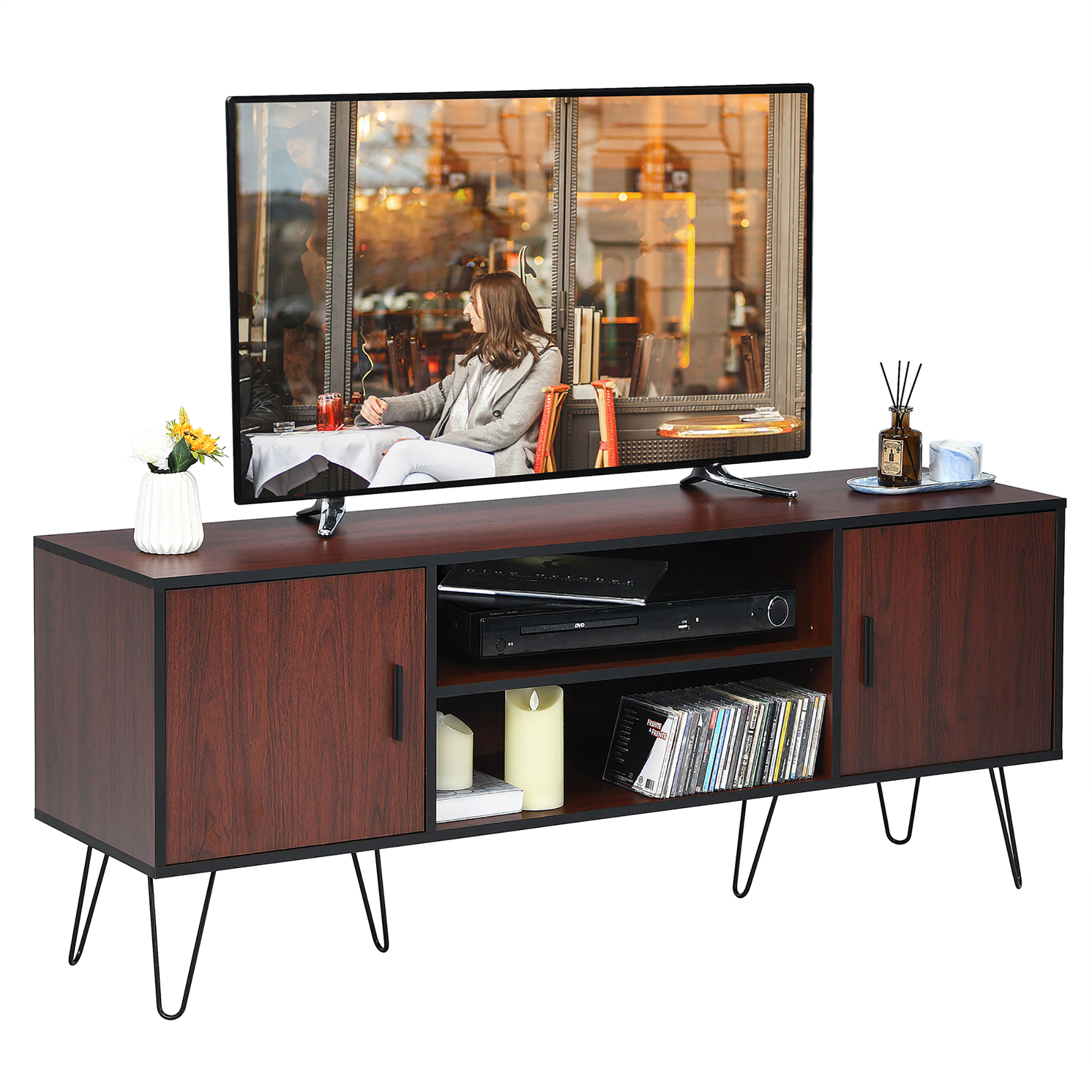 Costway Meuble Télé 59 Pouces Centre de Divertissement Console Multimédia Armoire de Rangement Étagère