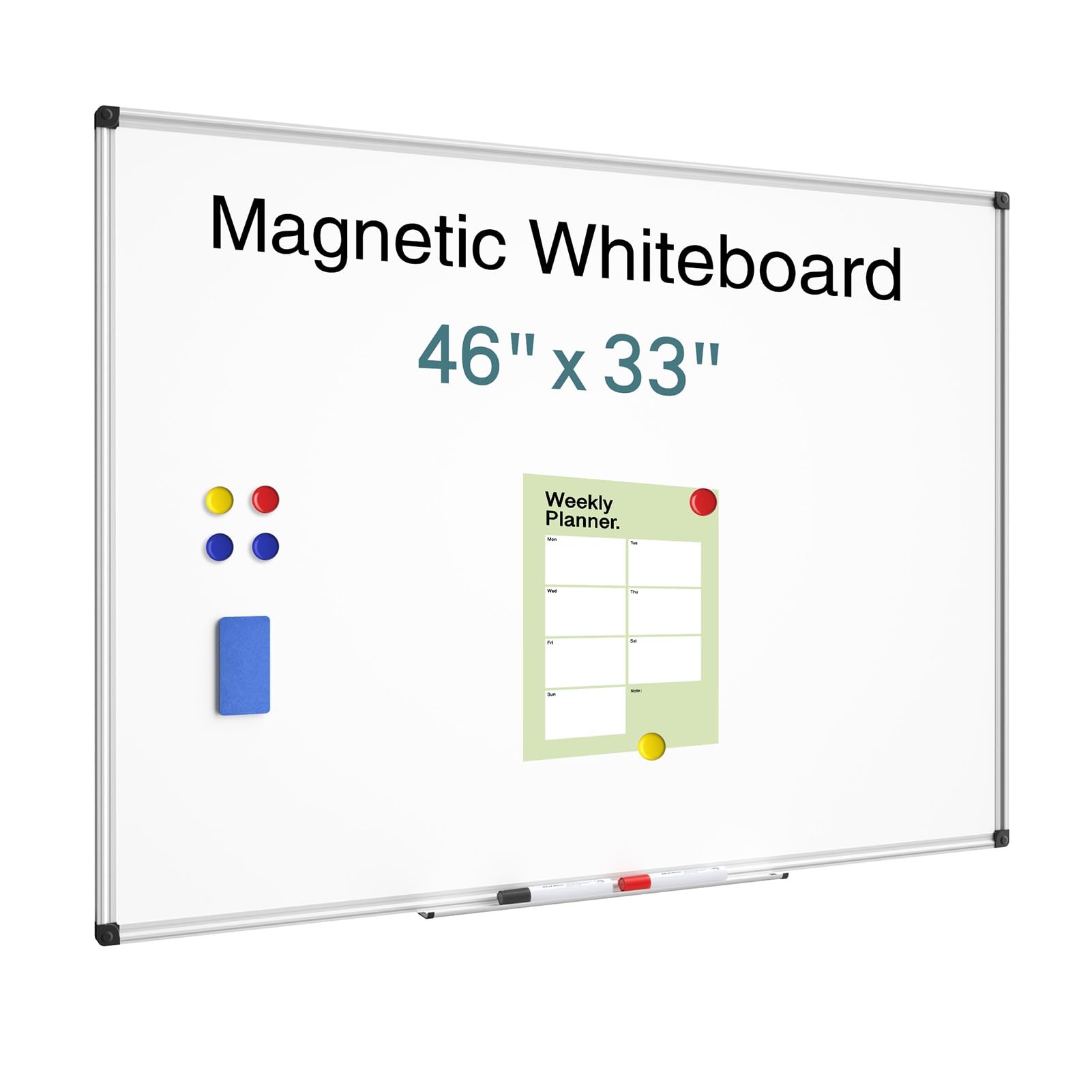 Magnetic Dry Erase Whiteboard - 46 x 33 Inch White Board - 4 x 3 Large Wall-Mounted Board with Silver Aluminum Frame, 1 Magnetic Eraser, 2 Pens, Deta