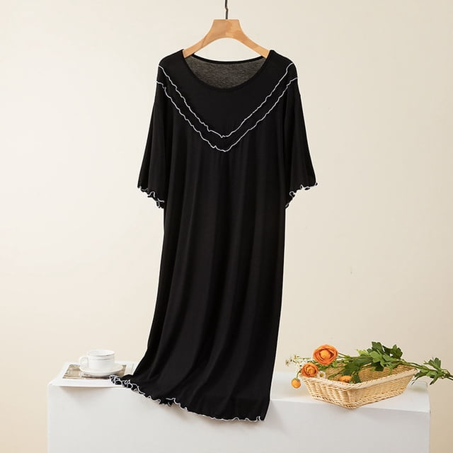 Moins de 10, Jupe de Maison Grande Taille, Col Rond, Couleur Unie, Coussin de Poitrine, Coupe Ample, Confortable, Grande Taille, Tenue de Maison, Robe Décontractée Ajustement Ultra-Confortable/coton, Noir, Sopatenor