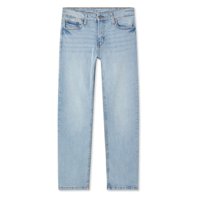 George Boys' Straight Denim in light blue wash with straight legs, classic 5-pocket design, button and zipper fly closure, and belt loops, made from a cotton-rich blend with 2% spandex for stretch, ideal for school or playground wear.