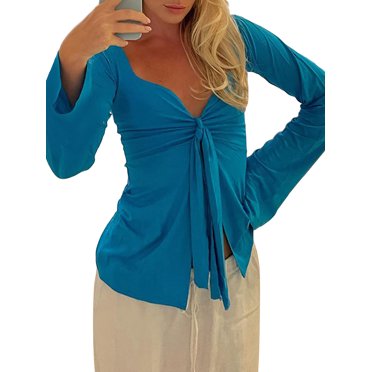 EYIIYE T-Shirts à Manches Longues pour Femmes, Chemises à Col en V pour Dames avec Nœud à l'Avant, Blouses Fendues de Couleur Unie, Hauts Ajustés Décontractés Mode, Vêtements Quotidiens Décontractés Printemps Été Automne