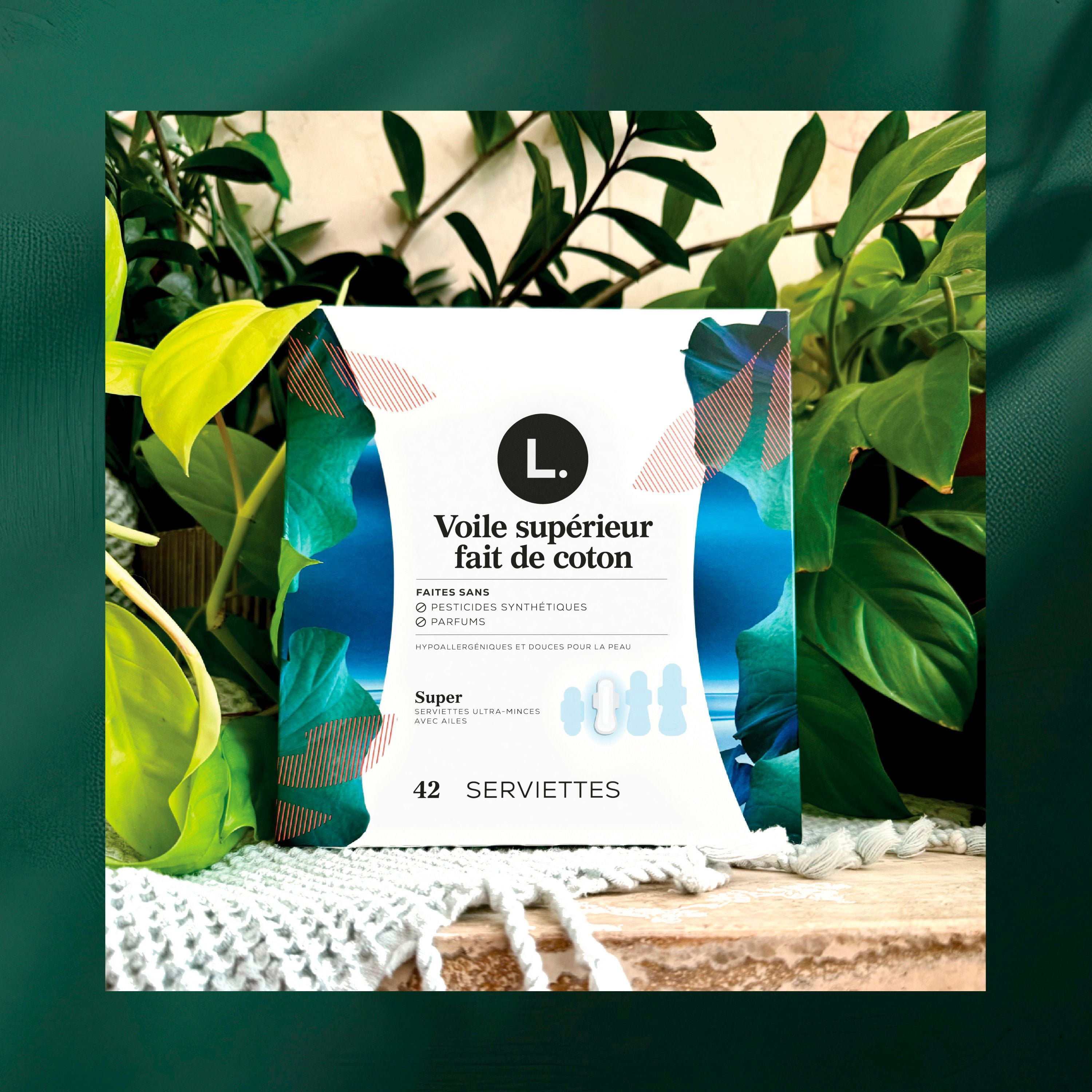 L. Serviettes Ultra-Minces pour Femmes, Voile Supérieur en Coton Biologique, Absorption de Nuit, Serviettes Menstruelles avec Ailes 36 Unités