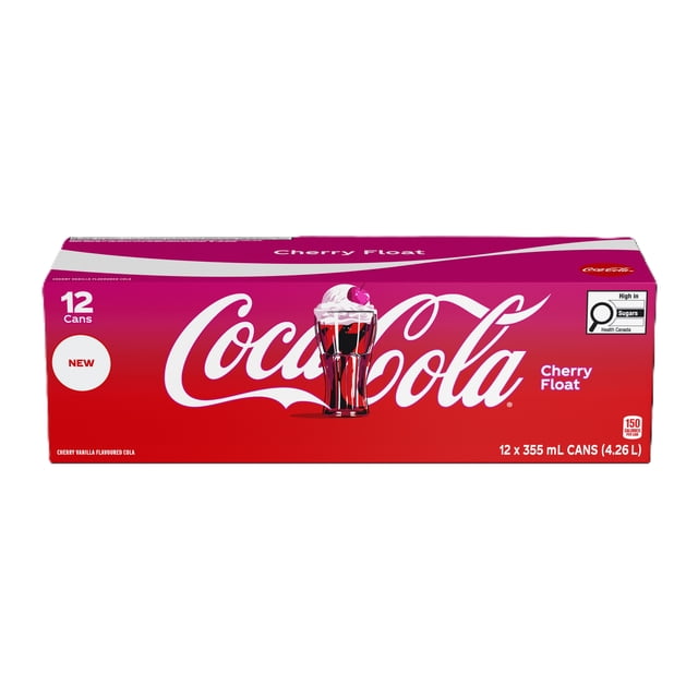 Coca-Cola Cherry Float 12-pack box with red and magenta gradient, white Coca-Cola logo, and a glass illustration of cherry cola topped with creamy vanilla and a cherry, containing twelve 355 mL cans (4.26 L total), labeled high in sugars by Health Canada, often enjoyed as a nostalgic sparkling drink.