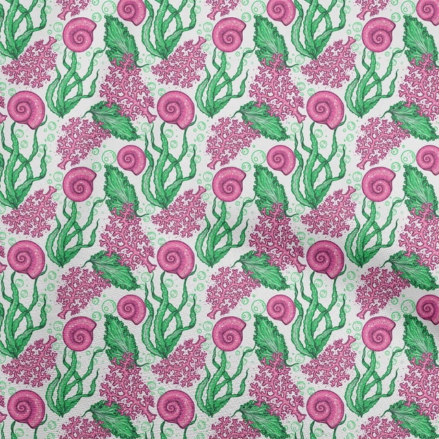 oneOone Polyester Spandex Green Fabric Sea Shells Ocean Dress Material Fabric Print Fabric By The Yard 56 Inch Wide