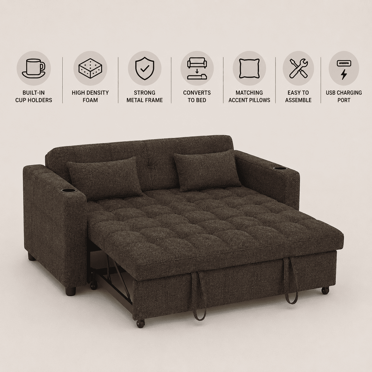 Cosmic Homes Aspire Brown Fabric Sofa Bed with USB Charging Ports, Convertible Sleeper with Cup Holders, Pull-Out Couch Bed for Small Spaces