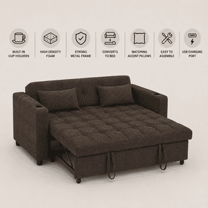 Cosmic Homes Aspire Brown Fabric Sofa Bed with USB Charging Ports, Convertible Sleeper with Cup Holders, Pull-Out Couch Bed for Small Spaces