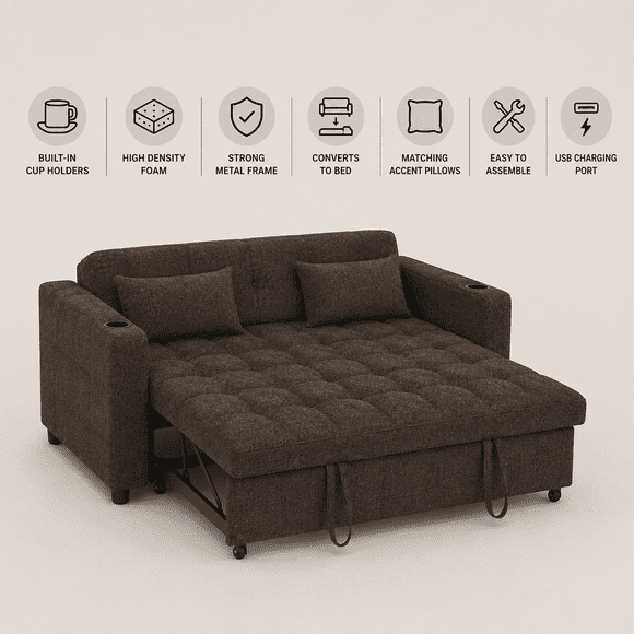 Cosmic Homes Aspire Brown Fabric Sofa Bed with USB Charging Ports, Convertible Sleeper with Cup Holders, Pull-Out Couch Bed for Small Spaces