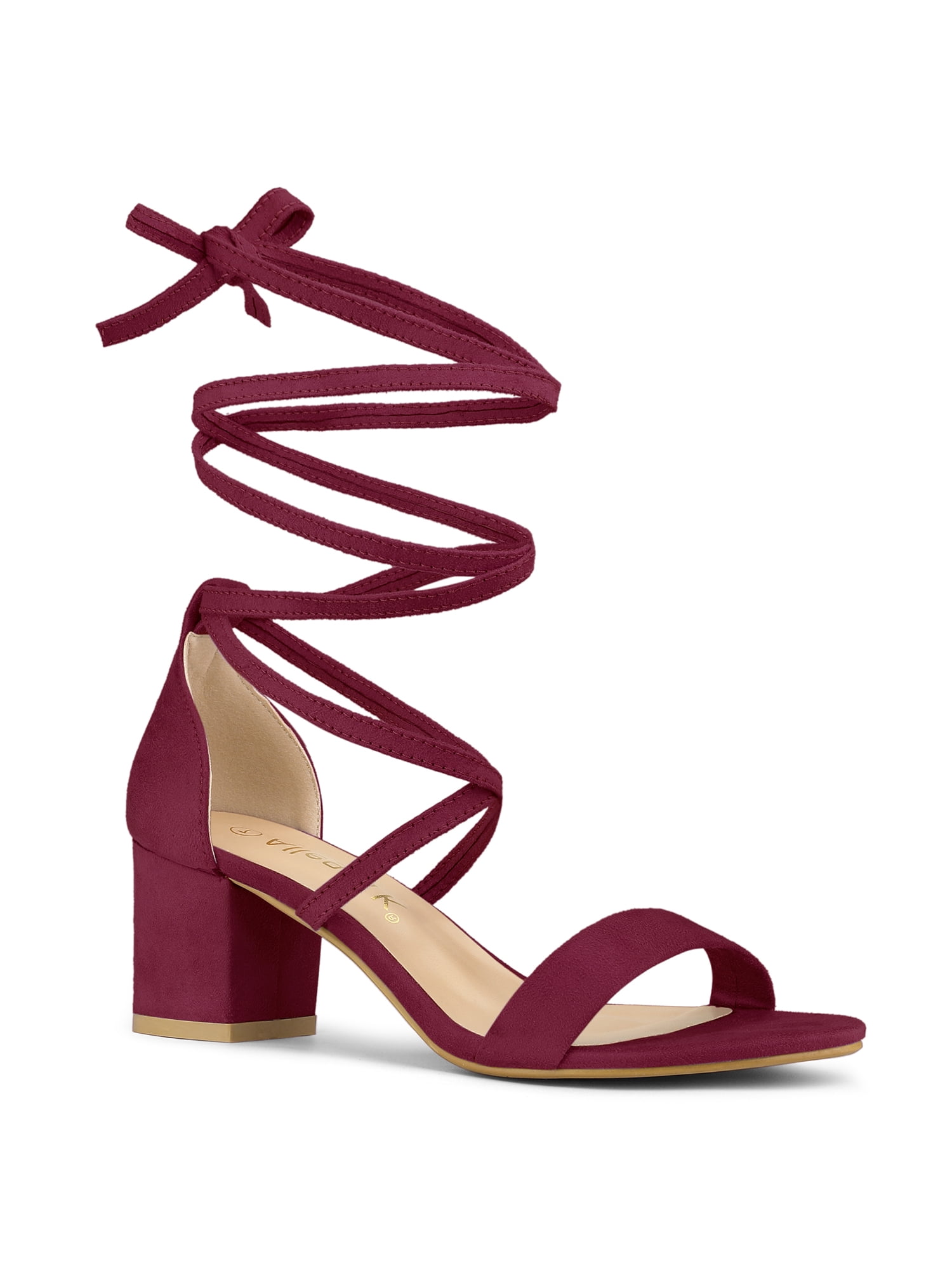BLISSFUL STEP Women's Open Toe Lace up Sandals Mid Block Heels Sandals Burgundy 5