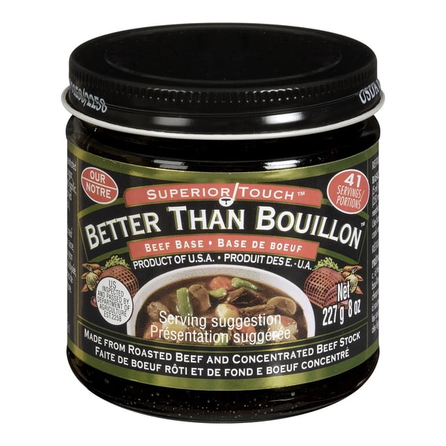 Better Than Bouillon Base Beef in a 227 g dark glass jar with a black screw lid, labeled as a roasted beef and concentrated beef stock base with 41 servings, ideal for enriching soups, stews, and broths, and often used as a flexible seasoning alternative to stock cubes or broth.