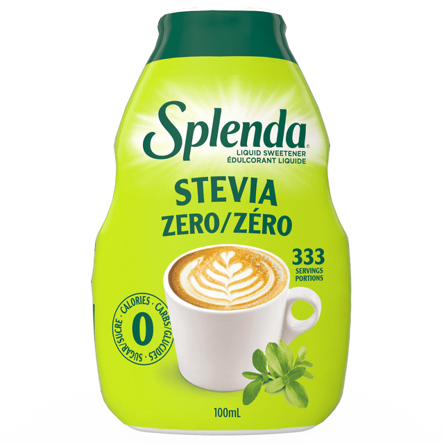 Splenda Keto Stevia liquid sugar substitute 100mL bottle with bright green and dark green packaging, featuring a white cup of latte with leaf latte art and stevia leaves, zero calories, carbs, and sugar, offering 333 servings, suitable for sweetening hot or cold drinks.