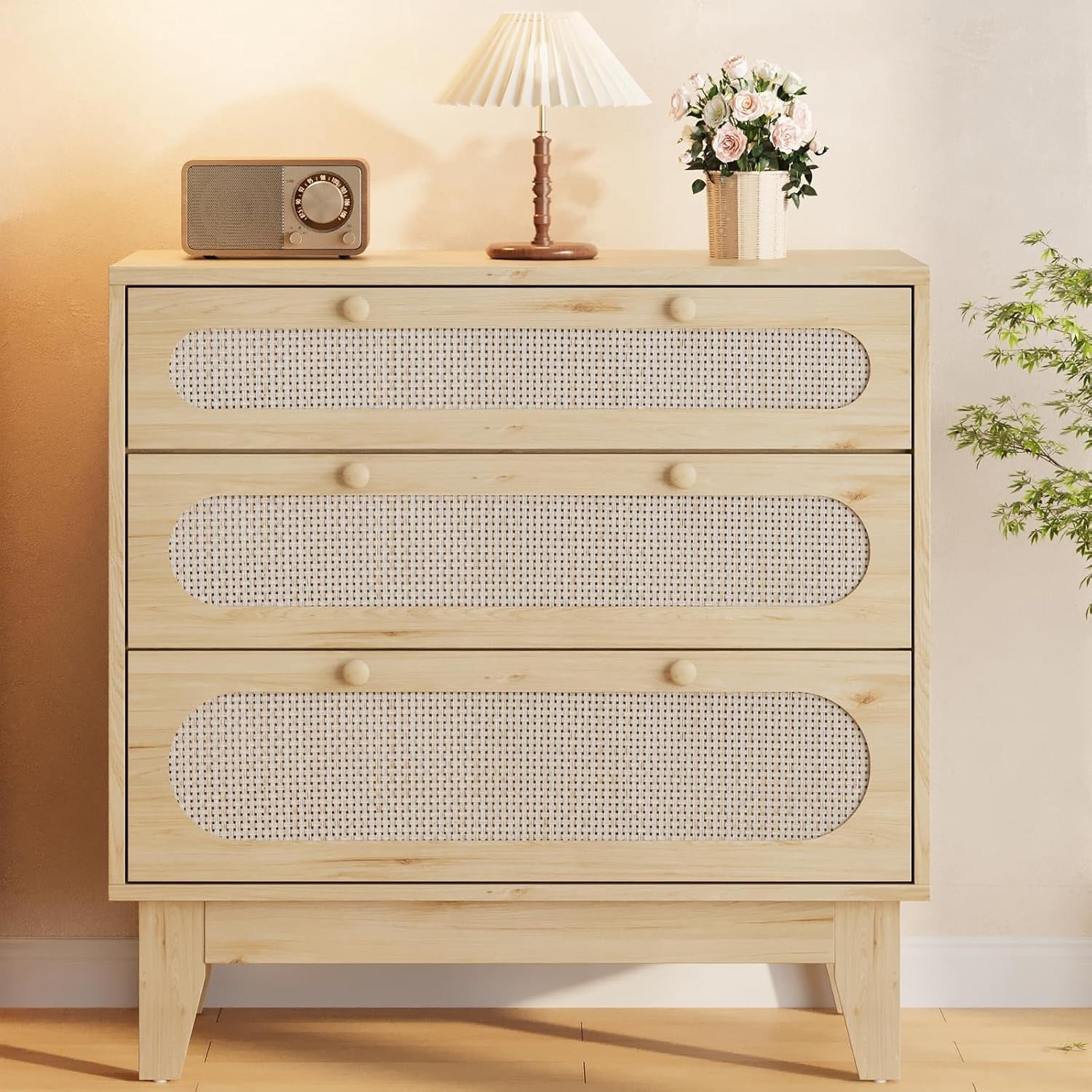 Natural Oak Rattan 3-Drawer Nightstand – Bedside Table with 4 Wooden Legs, Small End Table Storage Cabinet for Bedroom, Living Room & Entryway