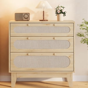 Natural Oak Rattan 3-Drawer Nightstand – Bedside Table with 4 Wooden Legs, Small End Table Storage Cabinet for Bedroom, Living Room & Entryway