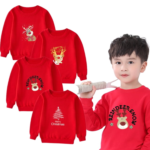KYAIGUO Chandail en Molleton de Noël pour Garçons et Filles, Col Rond, Imprimé, Manches Longues, Pull Rouge pour Bébé, Blouse Décontractée pour 1-16 Ans