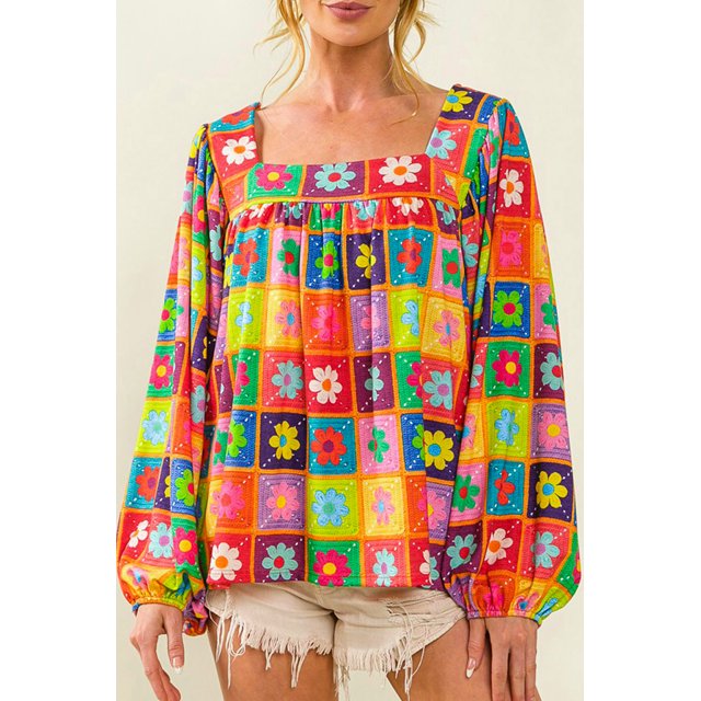 Blouse à Manches Bouffantes au Col Carré et au Crochet Floral Multicolore pour Femmes