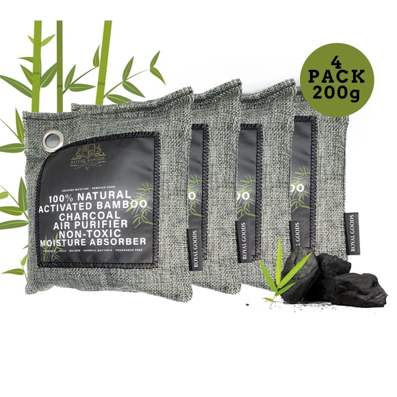4 pack, Natural Activated Bamboo Charcoal Bags, Air Purifier, Fragrance Free, Deodorizer, For Homes, Closet, Cars, Absorbs Odor, Pet Friendly, (4 bags 200g each individually packaged),