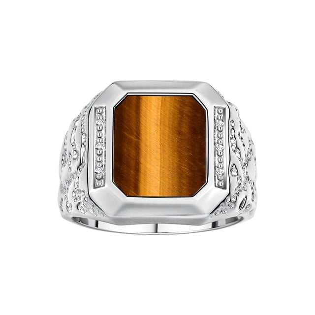 RYLOS Men's Rings 14K White Gold Ring With Diamonds and TIGER EYE Set in Designer Nugget Style Rings For Men Size 9