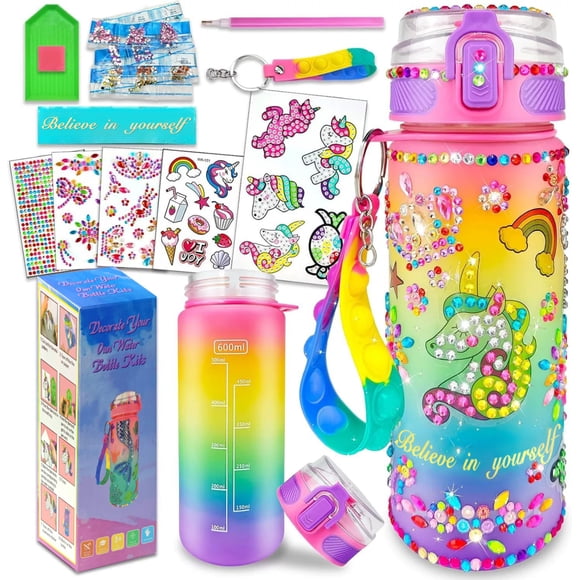 Girls' DIY Sparkle Water Bottle Kit: Create Your Own 600ml Rainbow Gradient Frosted Bottle with Unicorn & Cartoon Diamond Stickers, Diamond Pen, Glue, Stress-Relief Bubble Lanyard & "Believe in