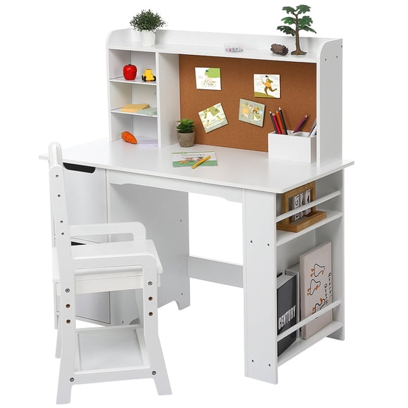 Functional Kids Vanity Desk Set – Study Table with Bookshelf, Bulletin Board & Cabinets for Ages 3-8 – Ideal for Homework & Learning – White Color
