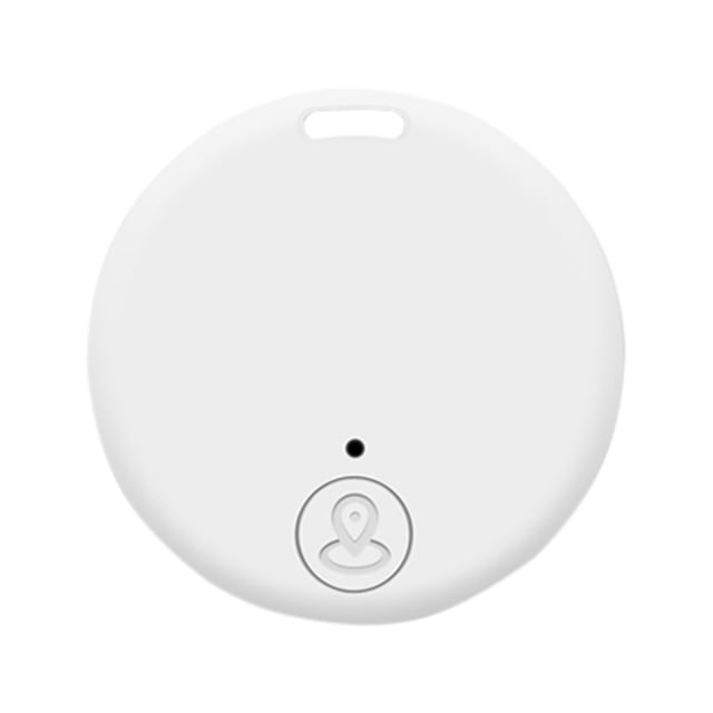 SDNall Portable GPS Tracking Device with Bluetooth 5.0, shown in a compact, circular white design with a small locator icon and button on the front. Ideal for tracking pets, keys, wallets, and bags. Made of ABS material, it measures 3.7x3.7x0.5cm and features low power consumption with a CR2032 battery lasting over six months.