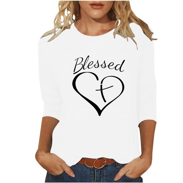 Penkiiy T-Shirts à Manches 3/4 Imprimés Cœur Col Rond Tunique de la Saint-Valentin Blouse TP Blanc