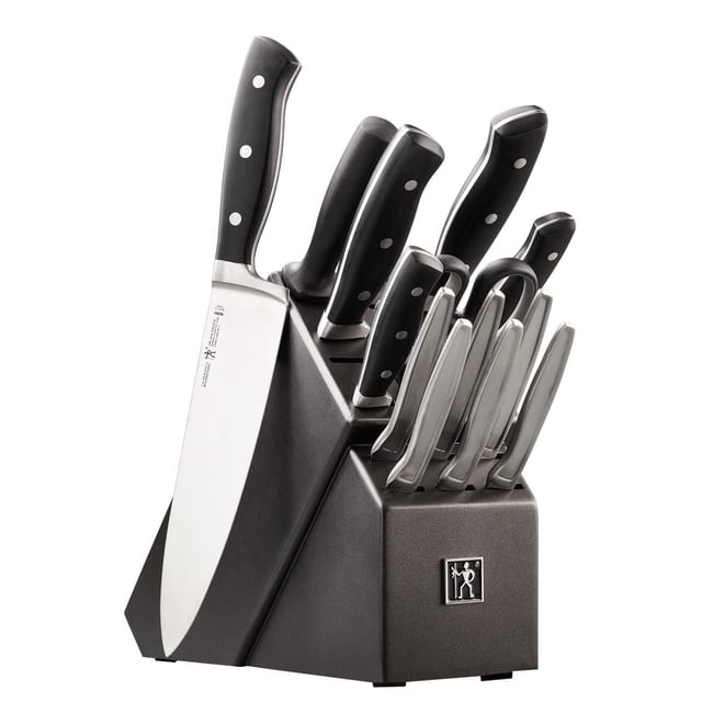 FINE EDGE FORGED KNIFE BLOCK SET with a dark wood block holding forged German stainless steel knives featuring black ergonomic triple-riveted handles and satin finish blades, including chef's, santoku, utility, serrated, paring, steak knives, sharpening steel, and kitchen shears, suitable for precise kitchen cutting tasks.