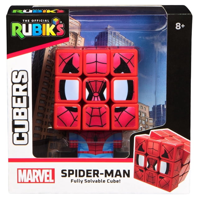 Rubik’s Cube Spider-Man Cuber featuring a 3x3 puzzle cube with Spider-Man red and black web patterns and white eyes, in Marvel-branded packaging with cityscape background, designed as a challenging brain teaser and fidget toy for ages 8 and up.