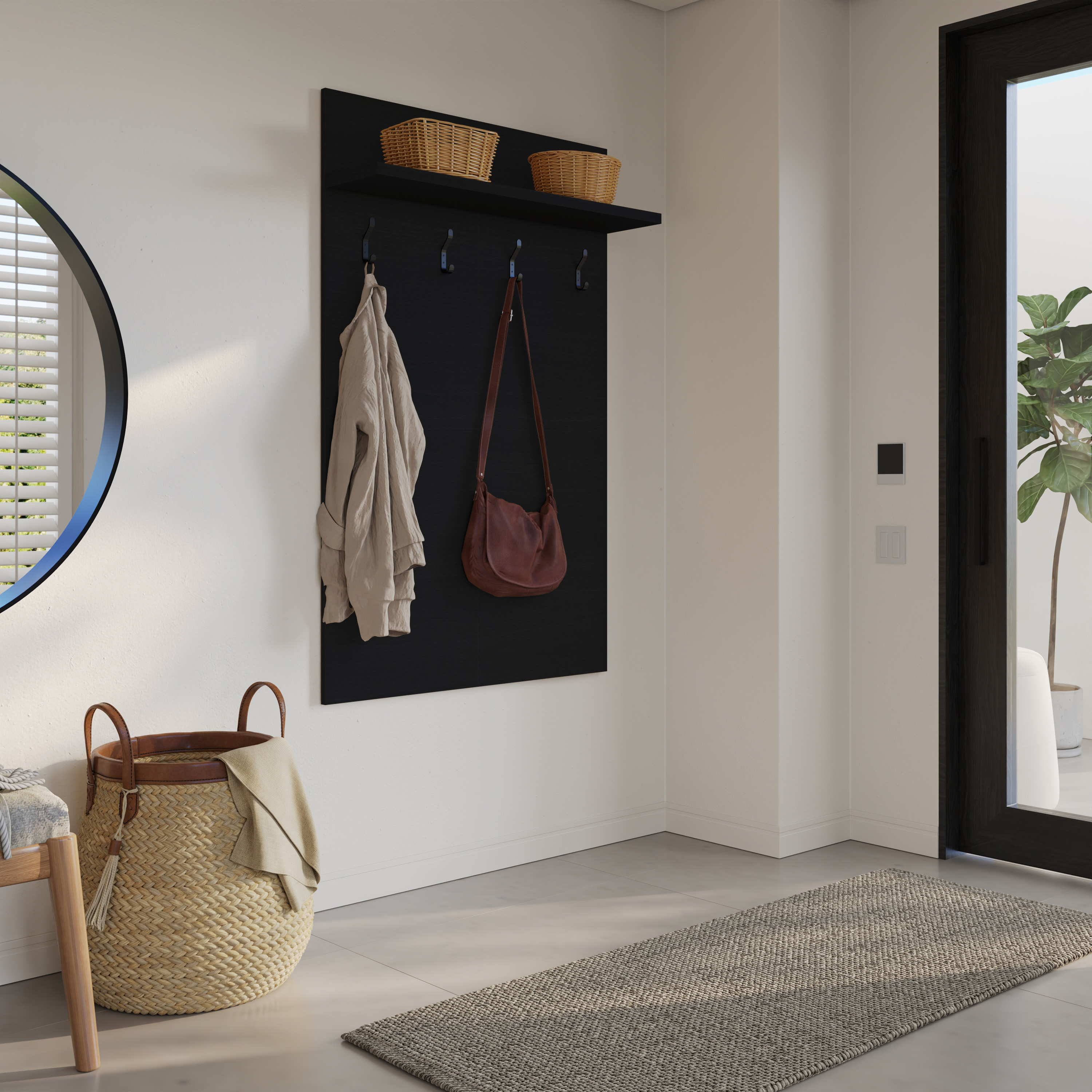 Nexera Porto Entryway Wall-Mounted Coat Rack with Shelf, Black
