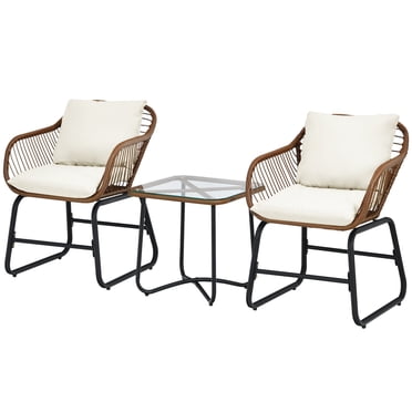Patiojoy Ensemble de Mobilier d'Extérieur 3 Pcs Ensemble Bistro de Patio avec 2 Fauteuils et Table en Verre Trempé Blanc