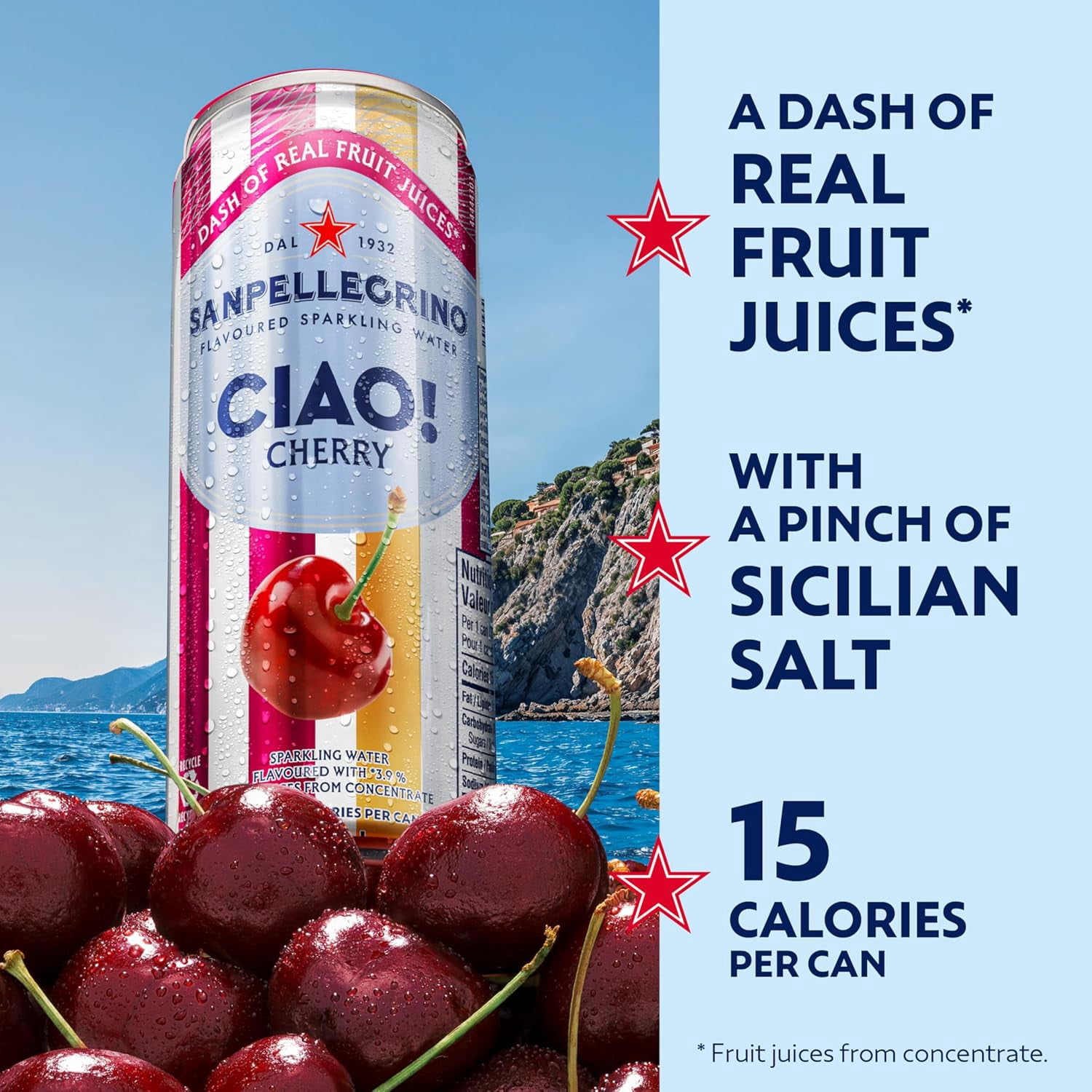 San Pellegrino CIAO! Cherry Flavoured Italian Sparkling Water, Dash of Real Fruit Juice 6x330ml