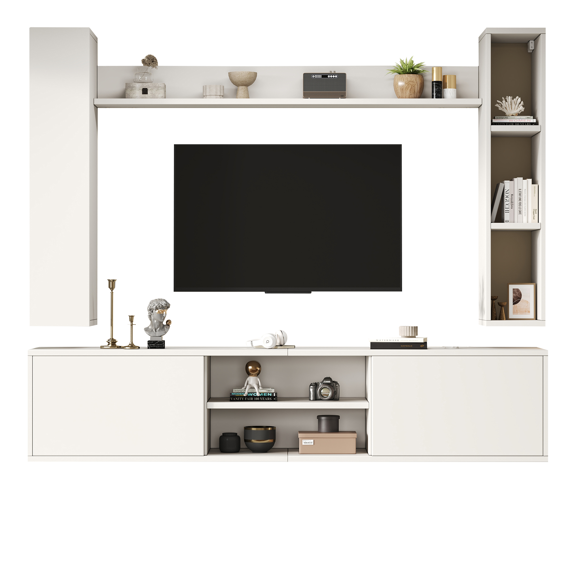 Homy Casa Modular White Entertainment Center with TV Console, 2 Display Cabinets and Wall Shelf