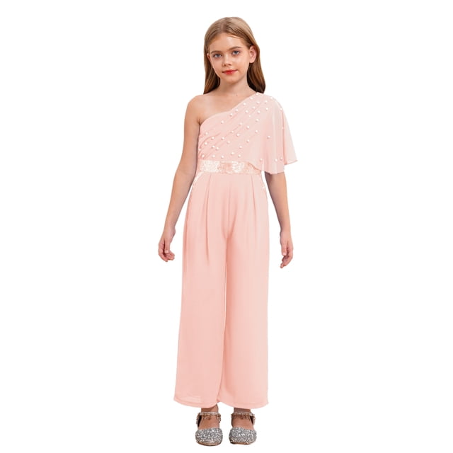 Sinleey Girls Ruffled Sequins Jumpsuit One Shoulder Wide Leg Long Pants Romper Wedding Prom Playsuit Pink 14