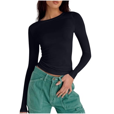 Amzcrzy Women's Long Sleeve Round Neck Crop Top Tee Shirt Basic Solid Y2K Tight Slim Fit Cropped Shirt Workout Yoga